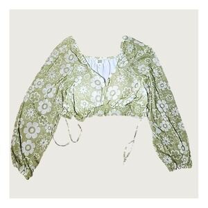 Madden NYC Boho Crop Top Green Floral Coquette‎ Hippie Cottage Peasant L